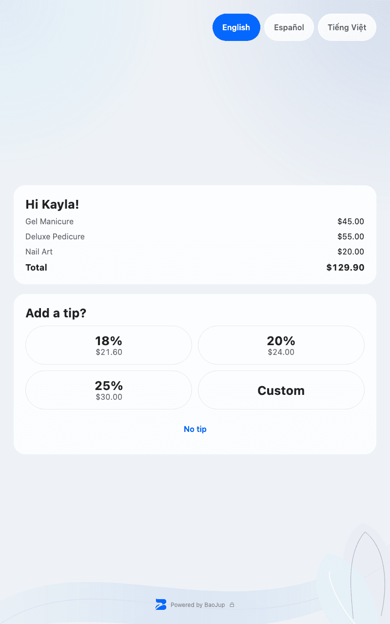 Màn hình khách: chào Kayla, chọn tip