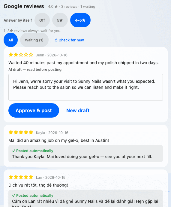 Danh sách review Google, review 5 sao đã được tự trả lời
